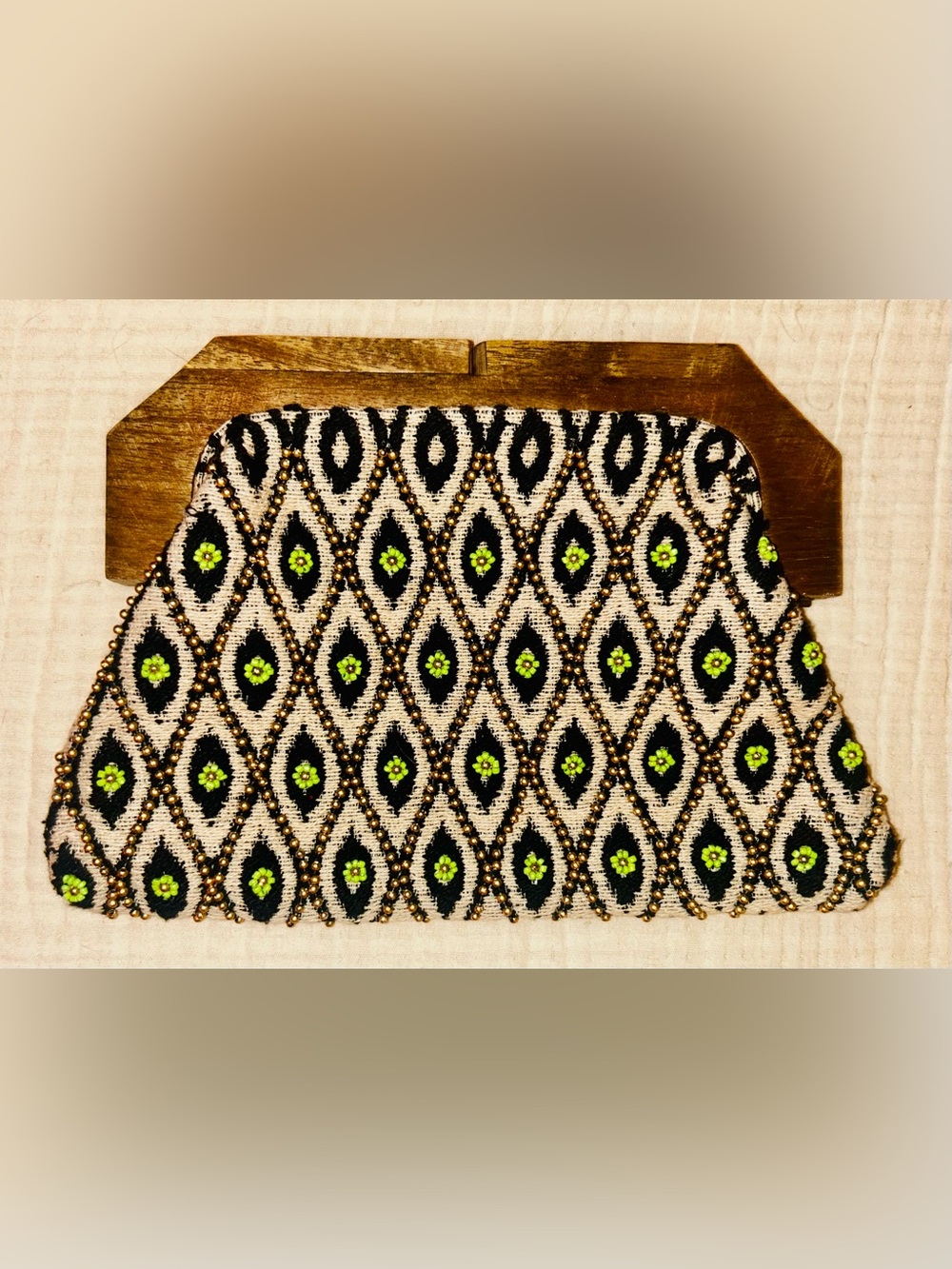 Beaded Wood Frame Clutch Black Cream Green Boho Statement Bag India